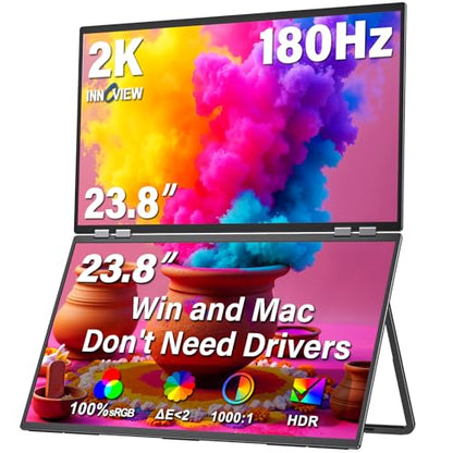 InnoView 23.8" Dual Portable Monitor 180Hz 2560 x 1440P 2K 100% sRGB - Foldable & Stackable Design with 315° Screen Adjustment & 180° Stand | USB-C/HDMI, Dual Monitor for Laptop, Mac, Windows - size: 23.8 inch QHD 180Hz