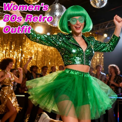 PLULON Green Bob Wig Tutus Heart Sunglasses for Women Costume, Neon Bobs with Bangs Funny Wigs Puffy Tutus for St. Patrick's Day Disco Bachelorette Christmas Halloween Party Music Festivals - color: Green