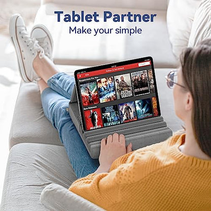 KDD Tablet Pillow Holder, Foldable iPad Stand for Lap, Bed and Desk -Tablet Soft Pad Dock with Pocket & Stylus Mount Compatible with iPad Pro 12.9, 10.5, 9.7 Air Mini 6 5 4 3, Galaxy Tab, E-Reader - color: Grey
