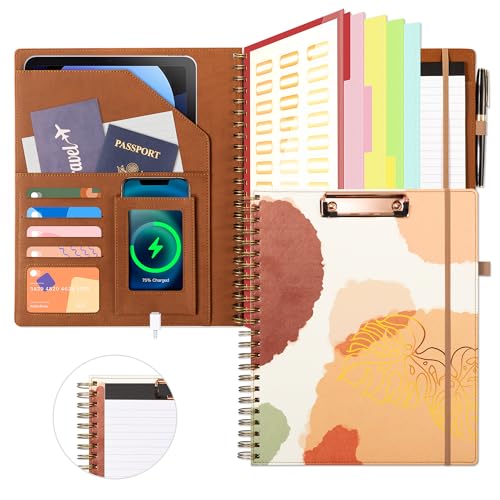 Ospelelf Clipboard with Storage for Men Women, Leather Padfolio Portfolio Organizer 5 Folders with 10 Pockets, Spiral Clipboard Folio with Notepad for Letter Size, Elastic Closure and Pen Loop Brown - color: Aesthetic Brown