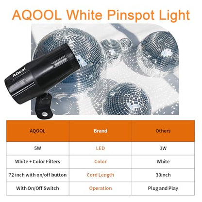 Disco Ball Spotlight, White LED Pinspot Lights 2 Pack | 5W Pin Spot Light for Disco Ball, ON/Off Button, Stage Spotlight for Disco Ball Party Bar Wedding, No Remote