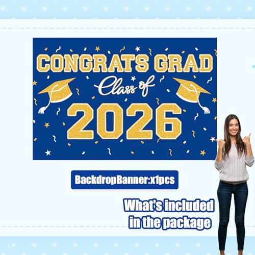 Blue Gold Graduation Backdrop 39x59 Inches, Class of 2026 Photo Booth Background for Commencement Party Decor - style: Blue Gold Backdrop