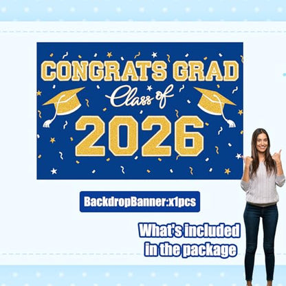 Blue Gold Graduation Backdrop 39x59 Inches, Class of 2026 Photo Booth Background for Commencement Party Decor - style: Blue Gold Backdrop