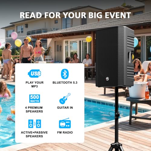 NBVOICE Dual 12 Inch 300W RMS Active Passive PA Speaker System, Portable Bluetooth DJ Party Speaker with 35mm Titanium Tweeter, Built-in DSP EQ, Wired Microphone & Speaker Stands