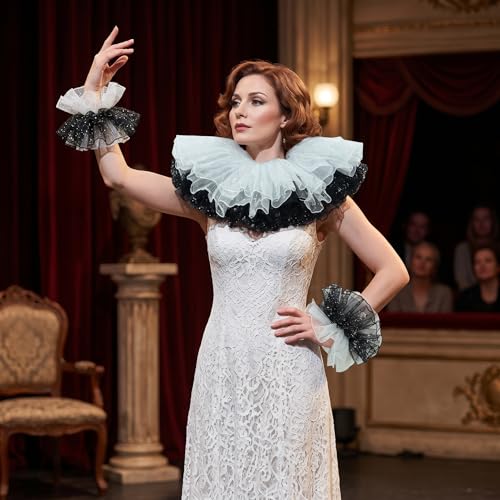 Renaissance Victorian Ruffle Collar and Wrist Cuffs Set Clown Neck Collar Layered Tulle Collar Cuffs - color: Black&white