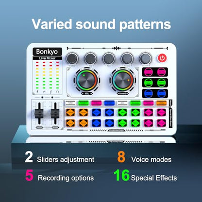 F999 White Live Streaming Sound Card, Professional Audio Mixer, Voice Changer Soundboard with Audio Interface, Bluetooth, Noise Reduction, DJ Mixer Board for Live/Podcasting/Gaming - color: White
