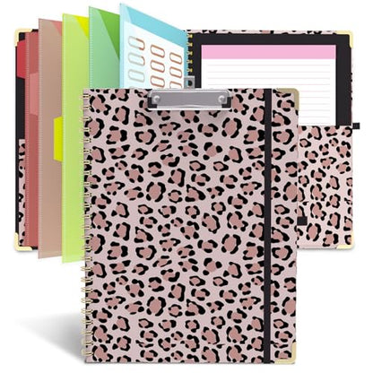 Clipboard Folio with Storage 8.5 X 11 Padfolio Notebook, Clipboards with Notepad Spiral with 10 Pockets and 5 Folders Nursing Teacher School Essentials (Pink Cheetah Spots) - color: Pink Cheetah Spots