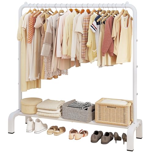 JIUYOTREE Metal Clothing Rack, 43.3 Inches Clothes Garment Coat Rack with Bottom Shelf for Hanging Skirts, Shirts, Sweaters, White | Metal 43.3 Inches Garment Rack Clothing Clothes Rack with Bottom Shelf for Hanging Clothes Coats Skirts Shirts Sweaters Wh
