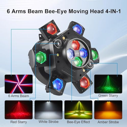 150W 6-Arm Spider Bee-Eye Moving Head LED DJ Light | 4-in-1: 6 moving RGBW beams, 4 center bee-eye wash lights, R/G starry laser, white/amber strobe, sound active, 24CH DMX