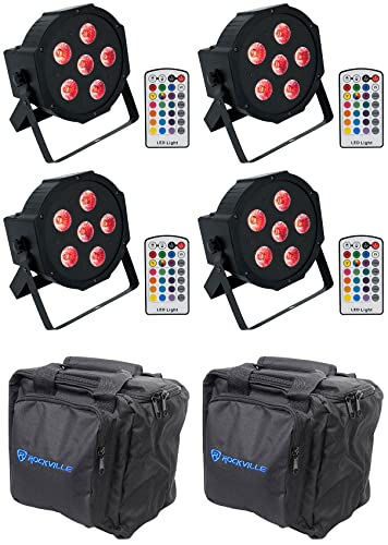 Rockville Battery PAR 6RF Black RGBWA+UV Wash Light 4-Pack with RLB90 Bags | 15-Hour Rechargeable Battery, Wireless DMX, 6x 6W LEDs, 4 RF Remotes, XLR In/Out, 2 RLB90 Travel Bags, 6-Items
