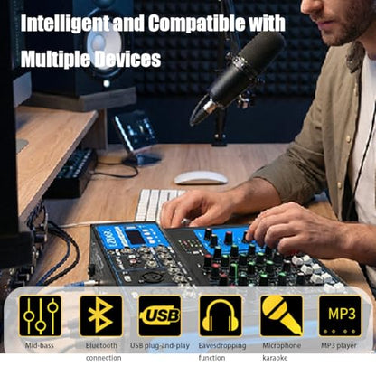 Professional Audio Mixer, 4 Channel DJ Bluetooth Portable Mixer Board | USB DJ Mixer Board with 48v Phantom Power, DJ mixers Sound Board for Live Show Streaming Music Stage Karaoke