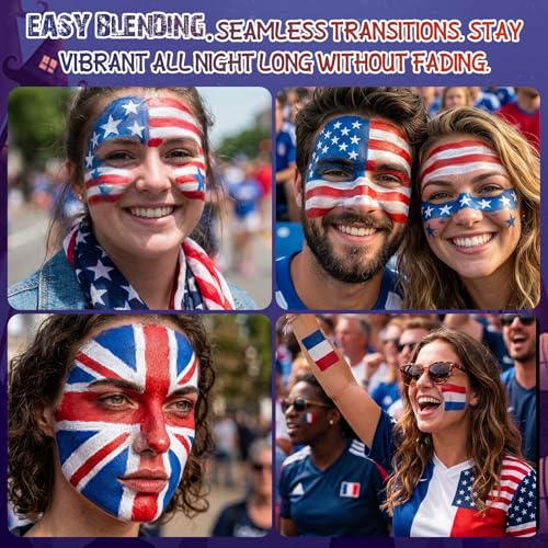 BOBISUKA Red White Blue Cream Face & Body Paint Palette Kit with 3 Brushes 3 Sponges, Highly Pigmented Easy to Blend Long Lasting Makeup for Patriotic Pride, 4th of July, USA Flag, Independence Day - color: 08 4th of July
