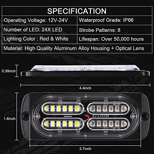 LINKITOM 4pcs Ultra Slim LED Strobe Lights w/Controller, Red/White - color: Red&White
