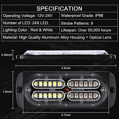 LINKITOM 4pcs Ultra Slim LED Strobe Lights w/Controller, Red/White - color: Red&White