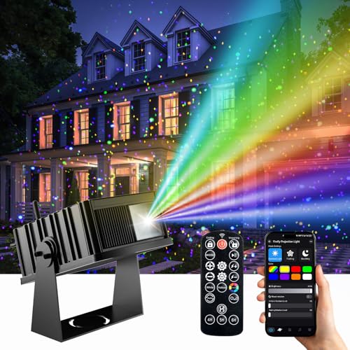 Outdoor Laser Lights Projector with Moving Firefly Effects, 7 Color RGB Christmas Lights, App & Remote Control, IP65 Waterproof Landscape Lighting for Garden, Patio & Holiday Party Decor