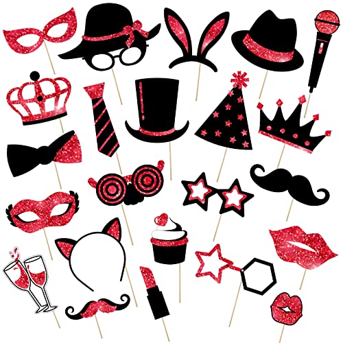Zonon 24 Pcs Photo Booth Props Set Black Gold Birthday,Red and Black | Props on Sticks for Wedding, Reunion, Prom, Includes Mustache, Hats, Glasses, Ties, Lips, Crowns, Fun Party Accessories - color: Red and Black