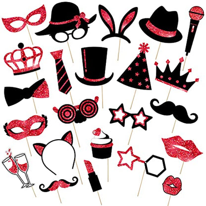 Zonon 24 Pcs Photo Booth Props Set Black Gold Birthday,Red and Black | Props on Sticks for Wedding, Reunion, Prom, Includes Mustache, Hats, Glasses, Ties, Lips, Crowns, Fun Party Accessories - color: Red and Black
