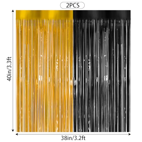 Ishua 2pcs Foil Fringe Curtains Black and Gold, 3.3x6.6ft Tinsel Streamer Backdrops Foil Fringe Curtains for Birthday, Graduation Party (Gold and Black) - color: Gold and Black