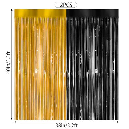 Ishua 2pcs Foil Fringe Curtains Black and Gold, 3.3x6.6ft Tinsel Streamer Backdrops Foil Fringe Curtains for Birthday, Graduation Party (Gold and Black) - color: Gold and Black