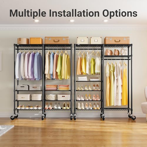 VIPEK R4C Rolling Clothes Rack with Cover, Portable Garment Rack on Wheels | Grey Zippered Polyester Cover, 360° Movable Wheels, Heavy Duty Clothing Rack with 6 Metal Wire Shelves, Max Load 620 lbs - color: Black Rack with Grey Cover, style: R4C