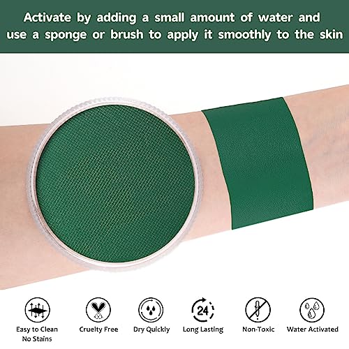 Dark Green Face Body Paint(30gm), Water Activated Face Painting Kit for Kids & Adults Party, Halloween Facepaint SFX Makeup Kit for Monster Witch Orcs Hulk Hunting Camo Costumes Cosplay - color: Dark Green