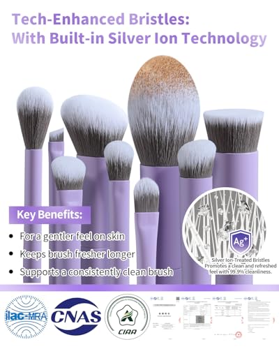 EIGSHOW Makeup Brushes Set, 15Pcs Professional Make Up Brush with Silver Ion Bristles for Foundation Powder Blush Highlighter Concealer Eyeshadow Eyeliner, Travel Gift Set (Matte Purple) - color: Matte Purple