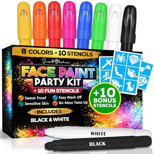 Jim&Gloria Face Paint Kit with Stencils, 8 Large Professional Face Painting Kit, Washable Body Paint Makeup, Skin Color Crayons Facepaint Sticks for Cosplay, Costume Party Gifts