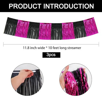 BEISHIDA Hot Pink Fringe Garland Banner 30ft Wall Tinsel Foil Streamers - color: Black Hot Pink
