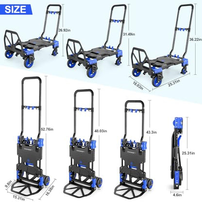 Folding Hand Truck Dolly, 330lb Convertible 4 to 2 Wheel Moving Cart, Blue | Dolly Cart with Retractable, Aluminum Alloy & Cast Iron Build, Nylon Wheels,Compact Fold,for Moving,Office,Delivery,Outdoor - size: 330LB Blue