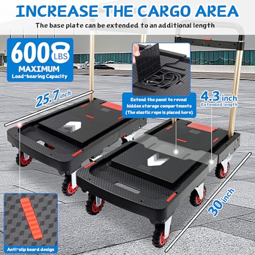 Folding Platform Truck, 600lbs Capacity Flatbed Dolly with Expandable Deck | Heavy Duty Collapsible Dolly Cart w/ Brake Wheel, Retractable Handle,Sponge Grip,Portable for Luggage,Camping,Office - style: 6-wheel dolly