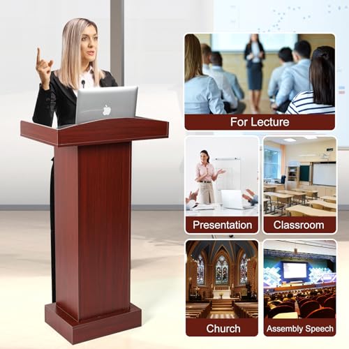 Wooden Podium Lectern Stand with Storage Shelves, Presentation Pulpit for Church Classroom (Reddish Brown) - color: Reddish Brown