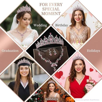 Kamirola Tiaras and Crowns for Women,Tiaras Earrings Necklace, Crystal Bridal Jewelry Set, Costume Party Halloween Prom Pageant Jewelry for Women(TR45) - color: Pink & Silver