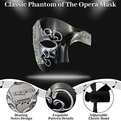 Erythem Masquerade Mask for Men Phantom of The Opera Half Face Mask Venetian Phantom Mask for Halloween Costume Party - color: Phantom Black Silver