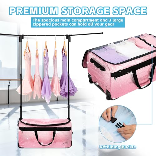 Dance Bag with Garment Rack and Curtain | 28" Sparkling Dance Competition Duffle Bag with Rack & Wheels | Upgraded Stable System | Ideal Rolling Dance Suitcase for Dancer Cheerleader Gymnast Traveler - color: 28" Sparkling Pink