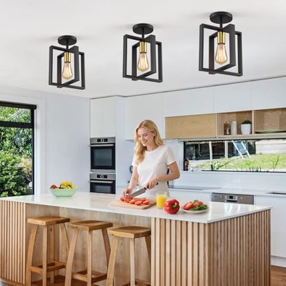 2 Pack Semi Flush Mount Ceiling Light,Black Metal Frame Ceiling Light Fixture with Golden Lamp Cup, Farmhouse Light Fixture for Kitchen Island Entryway Porch Foyer - color: Black Gold