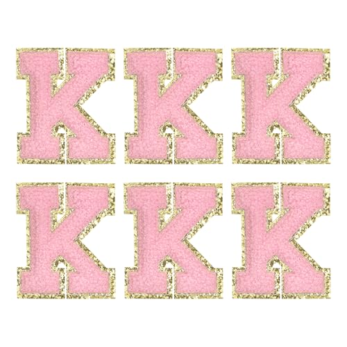 MECCANIXITY Chenille Letter Patches 2.2" Self Adhesive Alphabet K Stick on Embroidered Patch Sew on Letter Stickers Applique for Repairing Clothing Jeans Shoes Hats DIY(Pink, Pack of 6) - style: Letter-K
