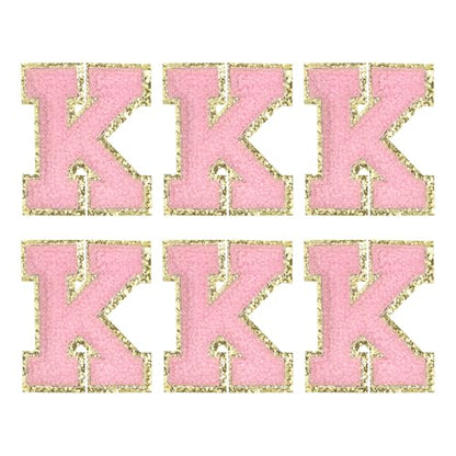 MECCANIXITY Chenille Letter Patches 2.2" Self Adhesive Alphabet K Stick on Embroidered Patch Sew on Letter Stickers Applique for Repairing Clothing Jeans Shoes Hats DIY(Pink, Pack of 6) - style: Letter-K