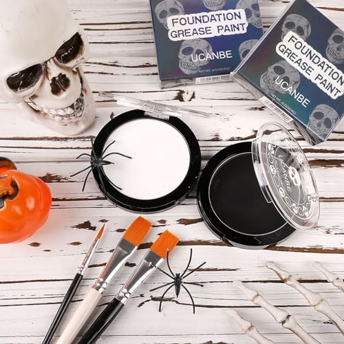 UCANBE Black White Face Body Paint with Painting Brush Kit, Cream-to-Powder Goth White Foundation + Black Greasepaint for Kids & Adult Halloween, SFX Makeup Set for Clown Skull Mime Cosplay & Costume - color: Black, White