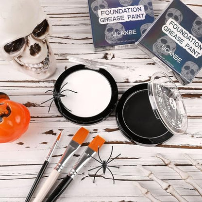 UCANBE Black White Face Body Paint with Painting Brush Kit, Cream-to-Powder Goth White Foundation + Black Greasepaint for Kids & Adult Halloween, SFX Makeup Set for Clown Skull Mime Cosplay & Costume - color: Black, White