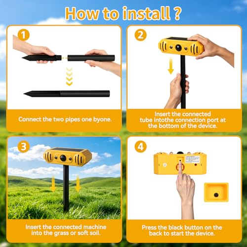 Solar Ultrasonic Animal Repellent -Cat Repellent Outdoor with 13 Predator Sounds & Strobe Lights for Dog Deer Raccoon Squirrels 2-in-1 Stake or Wall Mount for Yard Garden Farm & Patio