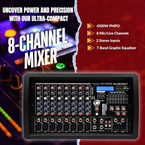 MUSYSIC 8 Channel 4500W Digital DJ Audio Mixer Power Soundboard | with Amplifier 7-Band EQ, 16 DSP FX, Phantom 48V, USB, SD, Bluetooth, FM, XLR Mixing Board for Music - MU-MX8fxD