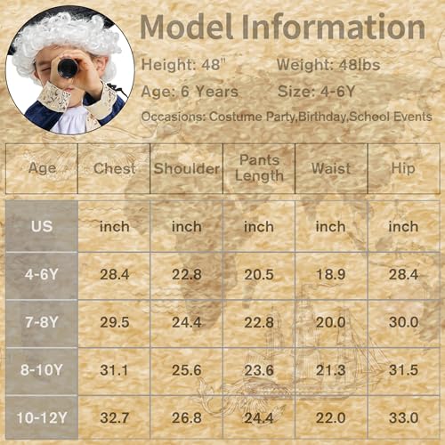 IKALI Kids George Washington Costume With Wig and Hat Accessories, Boys Children Hamilton American Colonial Day Outfit - size: 10-12 Years