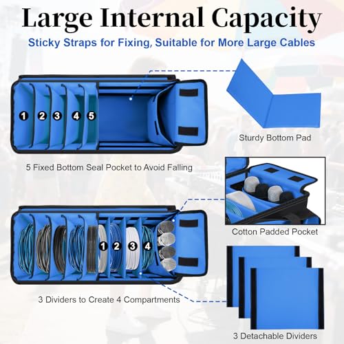 Large Dj Cable Bag with Detachable Dividers, Bottom Pad | Dj Bag for Equipment and Accessories with Laptop and Microphone Pocket, Dj Gig Bag for Musician, Professional, Travel, Blue - color: Blue, style: Dj Cable Bag