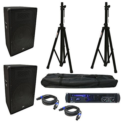 Harmony Audio 15" Passive PA Speaker Pair with Peavey IPR2 2000 Amplifier | DJ sound system bundle, tripod stands and cables included, 900 watt 15 Inch loudspeakers, power amp rig for live band use