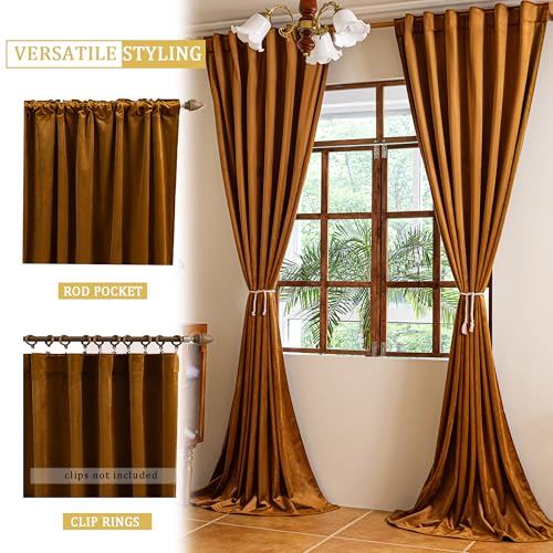 YOFUN 90 inches 2 Panels, Golden Brown Blackout Luxury Velvet Curtains Thermal Insulated Heat Block Soundproof Window Panels Soft Drapes for Bedroom Living Room, Rod Pocket & Back Tab, W52 x L90 - color: Golden Brown, size: 52"W x 90"L (Pack of 2)