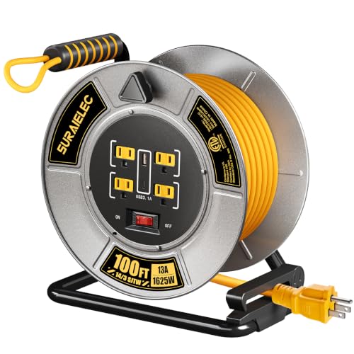 SURAIELEC Retractable Extension Cord Reel 100 Ft, Metal Steel Cable Drum - size: 100FT 14AWG