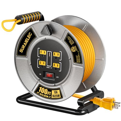 SURAIELEC Retractable Extension Cord Reel 100 Ft, Metal Steel Cable Drum - size: 100FT 14AWG