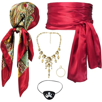 Women Pirate Costume Accessories Set|Headscarf Wrap Hat Sash Belt Cosplay Outfit With Stainless Steel Earring Necklace - style: 5 Pcs Pirate Set - Red Pirate Metal Skull Set