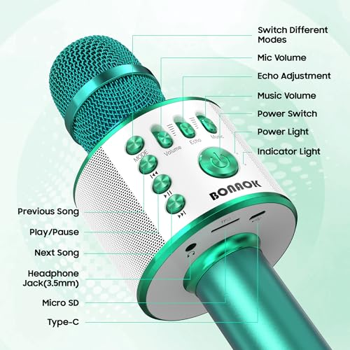 BONAOK Bluetooth Karaoke Microphone, Portable Mic for Adults Kids | Bluetooth 5.0, Echo Mode,Built-in Speaker, SD Card, for iPhone iPad, Handheld,Home Karaoke,Party,Gifts - color: Green