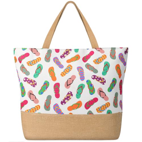 Trifabricy Beach Bags for Women,Waterproof Straw Beach Tote Bag With Zipper - color: Slippers
